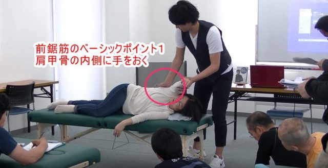 前鋸筋のベーシックポイント1 肩甲骨の内側に手をおく