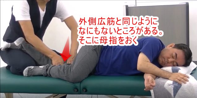 外側広筋と同じようになにもないところがある。そこに母指をおく。