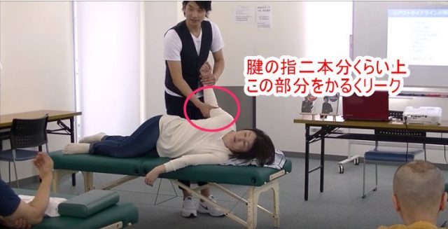 腱の指二本分くらい上、この部分をかるくリーク