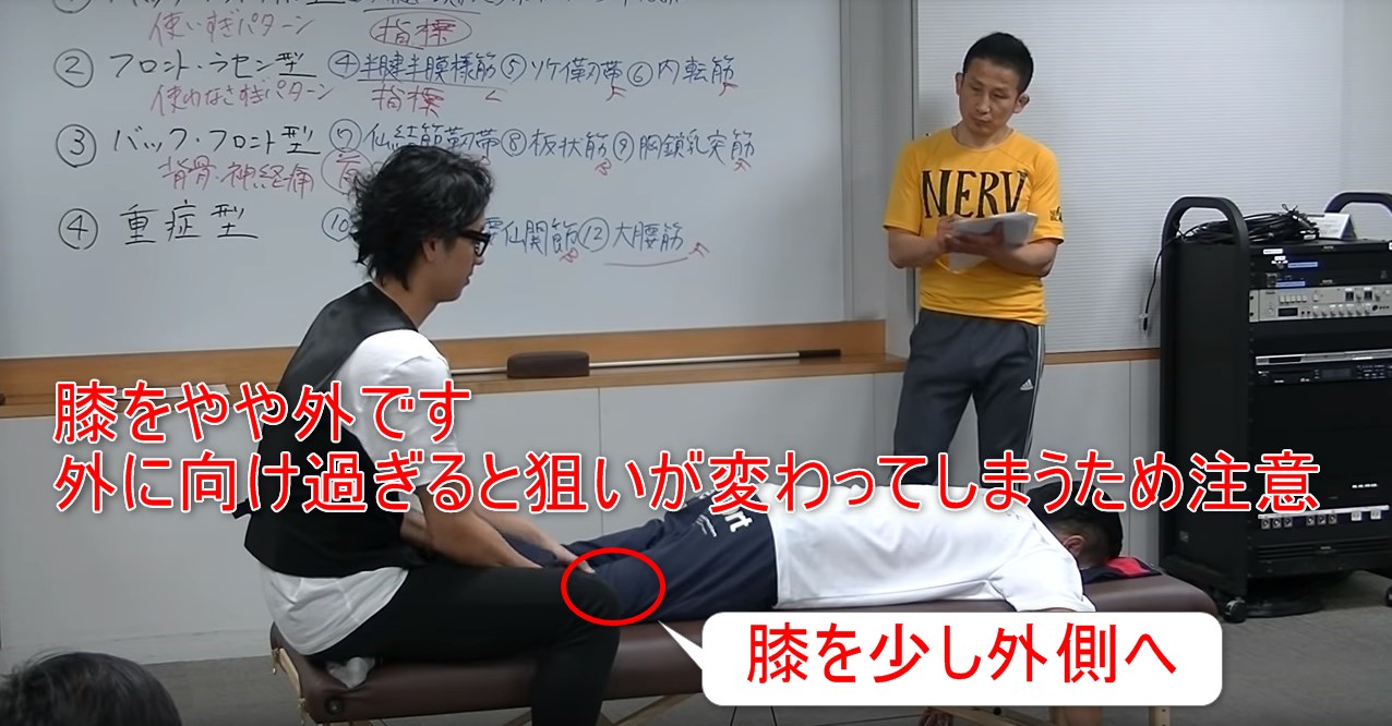 膝をやや外です外に向け過ぎると狙いが変わってしまうため注意