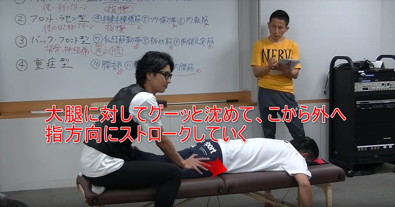 大腿に対してグーッと沈めて、こから外へ指方向にストロークしていく